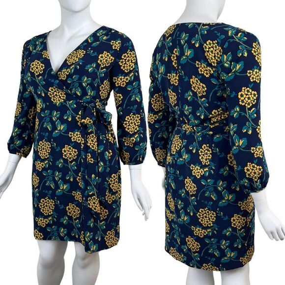 J.Crew Women Size 12 Blue Golden Floral Wrap Midi Crepe Dress 3/4 Sleeve Party - Picture 1 of 16